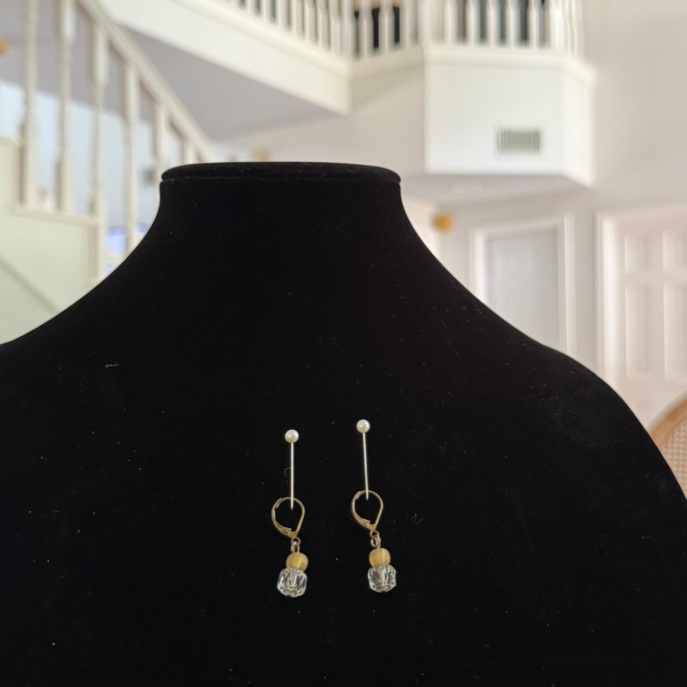 Gold Tone and Clear Bead Drop Earrings